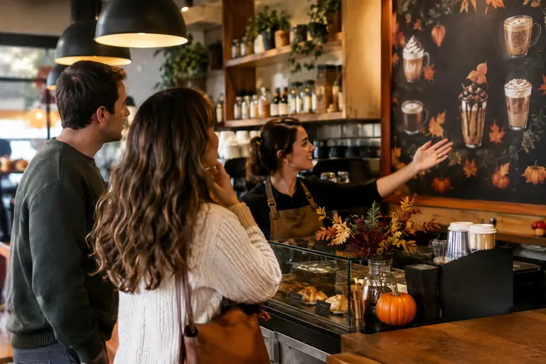 Customer reading a café menu while standing near the counter