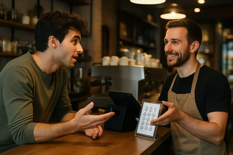 Customer speaking with a barista at a neighborhood coffee counter