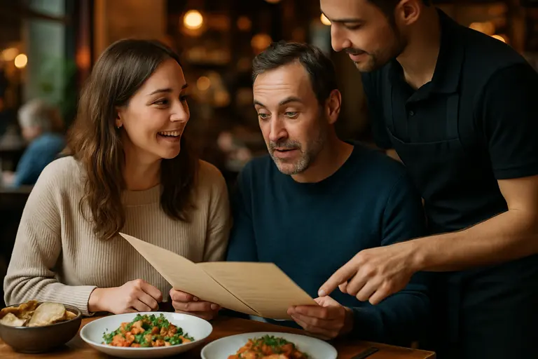 Diners reviewing a printed menu together at a Hudson Valley restaurant table