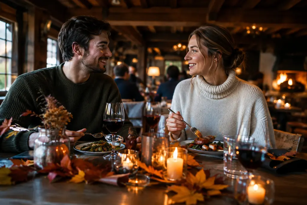 experience-driven dining table with candles, fall plates, and warm restaurant lighting