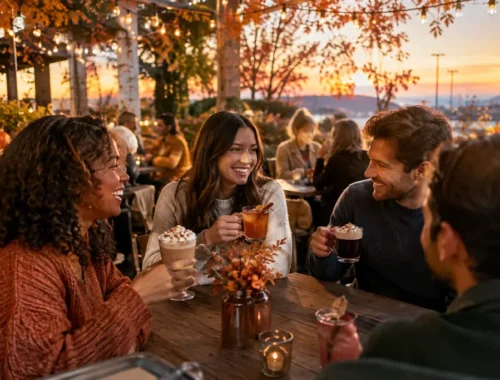 Fall Signature Drinks on a café table with espresso, apple, and cinnamon accents