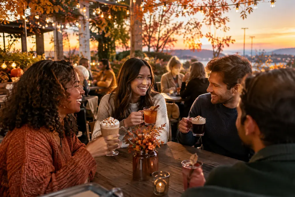 Fall Signature Drinks on a café table with espresso, apple, and cinnamon accents