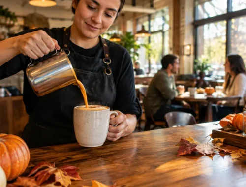 First Watch Pumpkin Spice drink beside a fall brunch plate on a cafe table