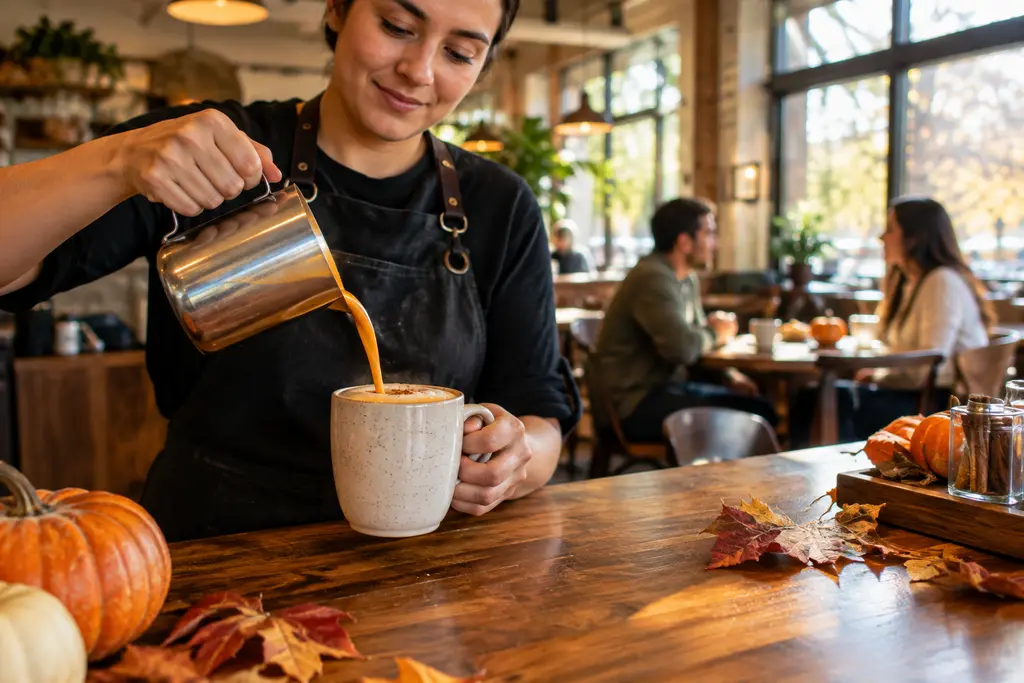 First Watch Pumpkin Spice drink beside a fall brunch plate on a cafe table