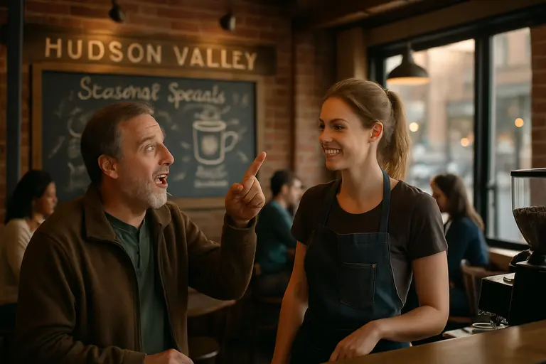 friends holding takeaway coffees outside a Hudson Valley cafe