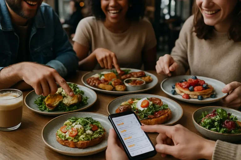 Friends reviewing a brunch menu at a cozy restaurant table