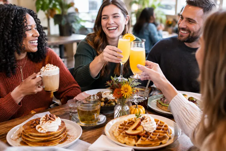 Friends reviewing a brunch menu with coffee drinks on the table