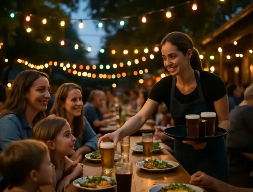 Funwoody restaurants courtyard with outdoor tables and evening lights