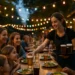 Funwoody restaurants courtyard with outdoor tables and evening lights