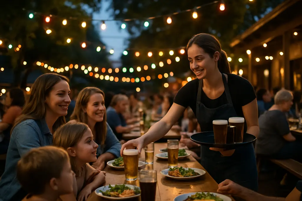 Funwoody restaurants courtyard with outdoor tables and evening lights