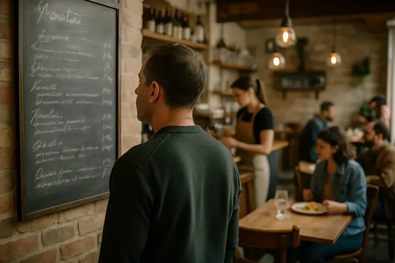 Guest reading a cafe menu before ordering at the counter