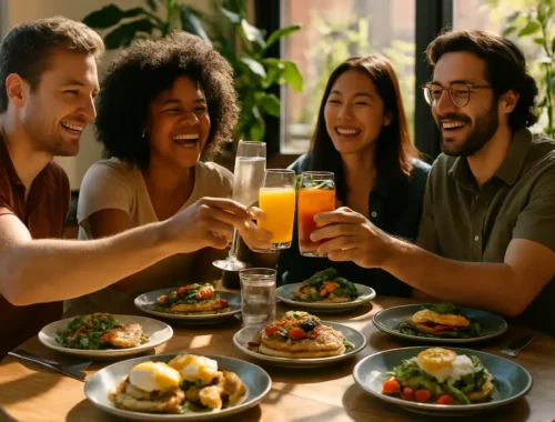 Friends sharing small plates during happy hour promotions at a cozy Hudson Valley cafe
