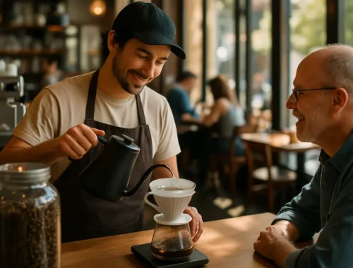 Chef checking Local Source app beside coffee cups and local dairy samples