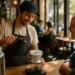 Chef checking Local Source app beside coffee cups and local dairy samples