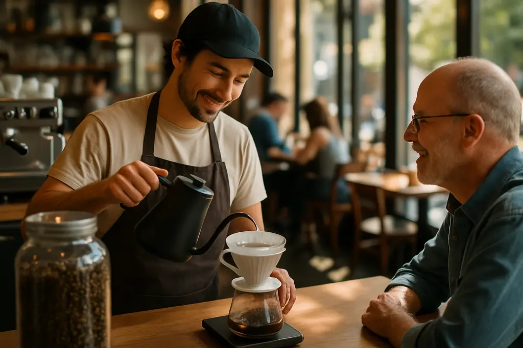 Chef checking Local Source app beside coffee cups and local dairy samples