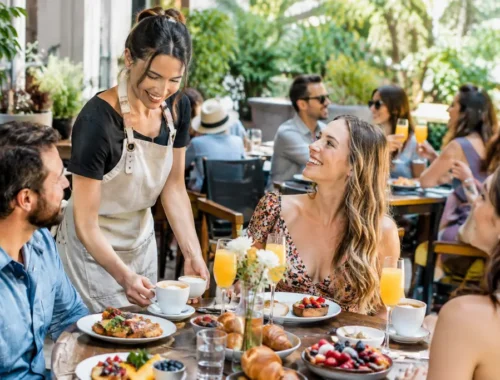 Table of egg dishes and fruit at new brunch spots using fresh local ingredients