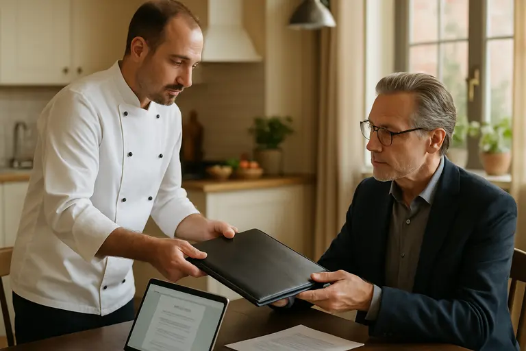 Notebook and menu draft on a dining table before a private meal