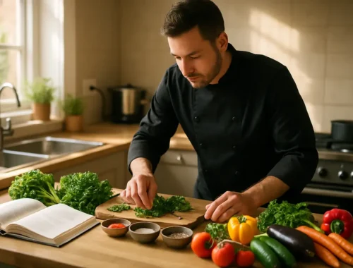 Private Chef Checklist beside coffee cups and brunch plates on a home dining table