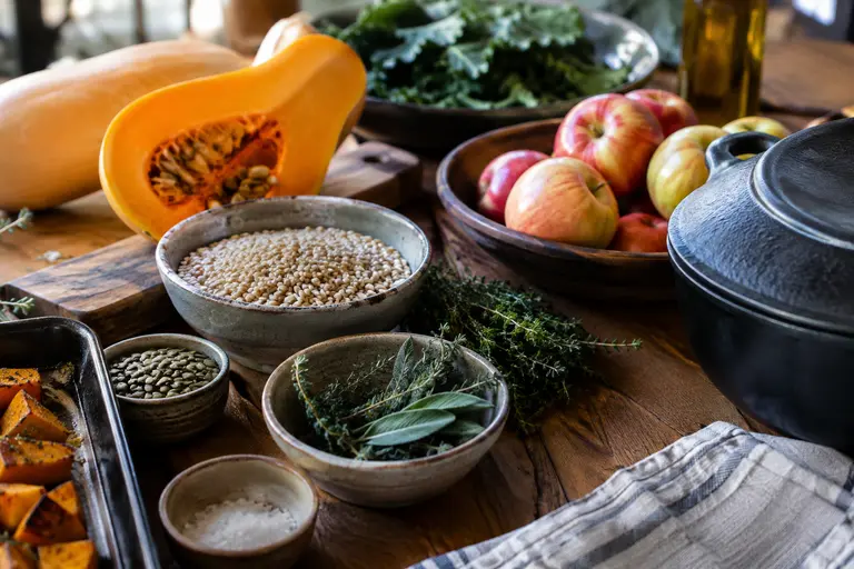 Private dinner ingredients laid out with squash, grains, herbs, and apples
