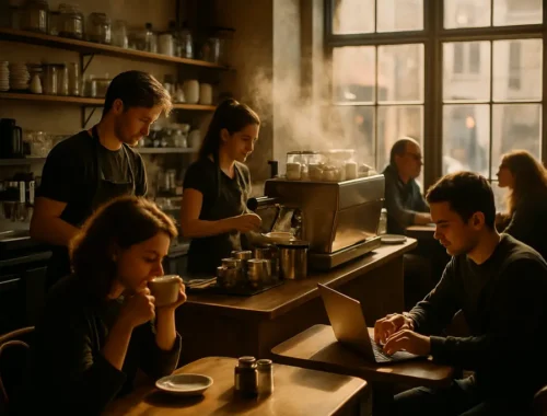 restaurant sales trends shown through coffee cups at a cafe counter