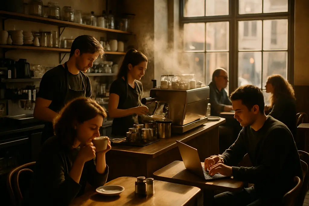 restaurant sales trends shown through coffee cups at a cafe counter