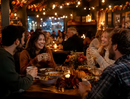Seasonal Decor with warm candles, autumn produce, and a cozy Hudson Valley dining table