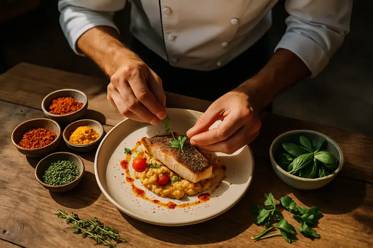 Seasonal plated dish with vegetables, sauce, and fresh herbs