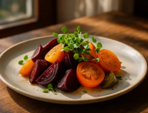 September Seasonal Menus with corn, tomatoes, apples, and squash on a restaurant prep table