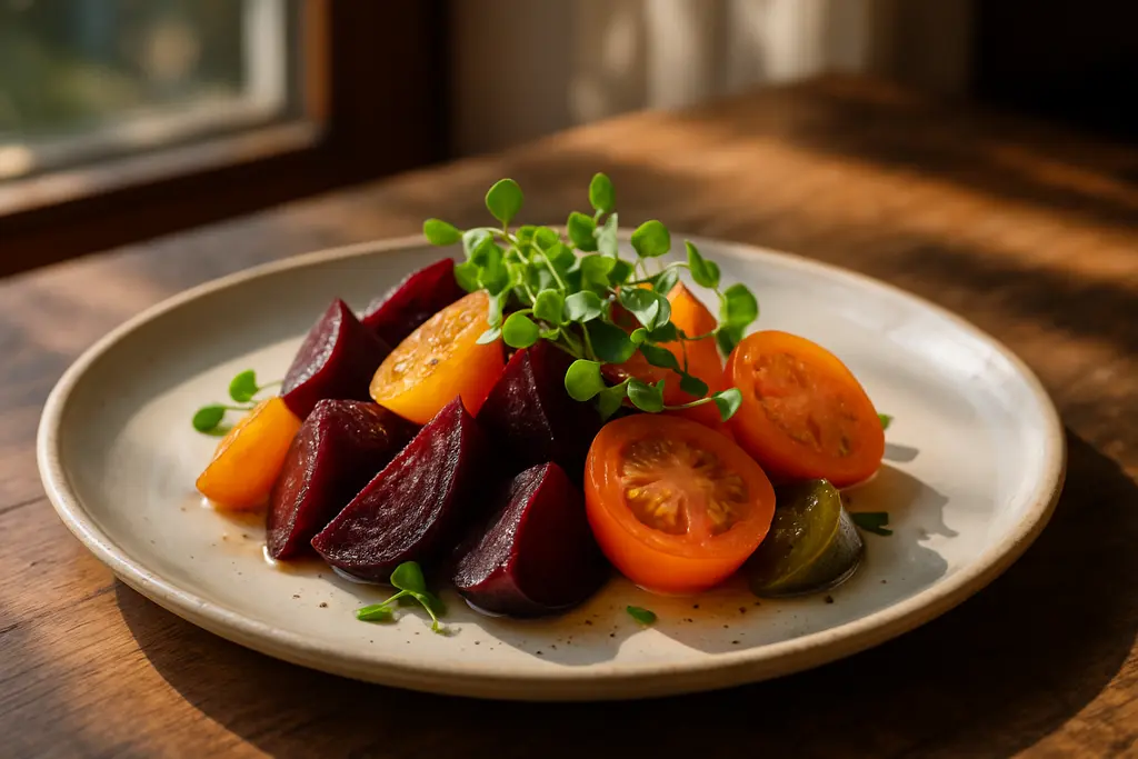 September Seasonal Menus with corn, tomatoes, apples, and squash on a restaurant prep table