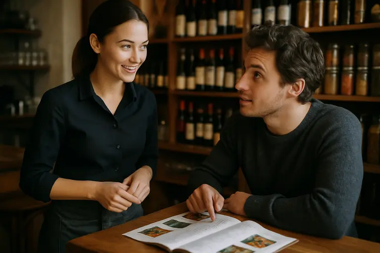 Server pointing to a menu while guests compare dinner choices