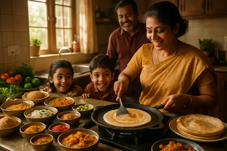Shared South Indian meal with dosa and small side dishes