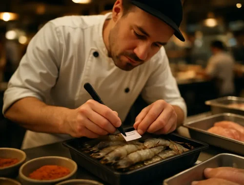 shrimp labeling act menu with plated shrimp and a diner reading details