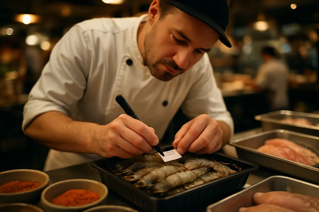 shrimp labeling act menu with plated shrimp and a diner reading details