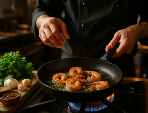 Shrimp origin disclosure note beside a plated shrimp dinner