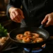 Shrimp origin disclosure note beside a plated shrimp dinner