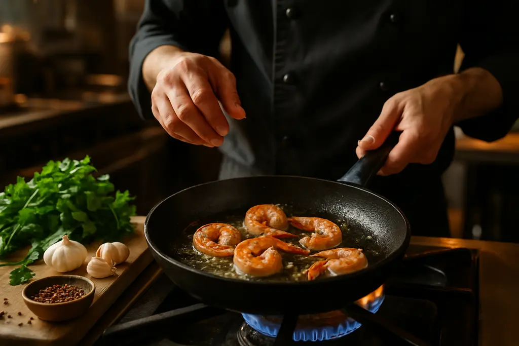 Shrimp origin disclosure note beside a plated shrimp dinner
