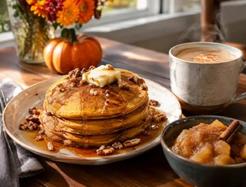 Smack Dab Fall Menu brunch sandwich with squash, mushrooms, cider donut, and warm drink