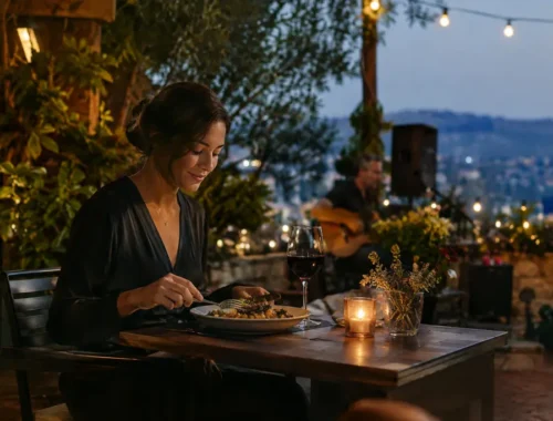 Solo dining experience at a small table with coffee and a plated meal