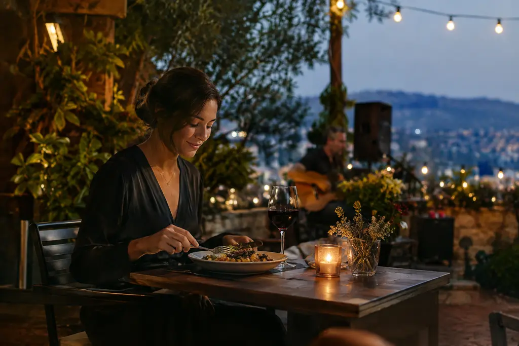 Solo dining experience at a small table with coffee and a plated meal