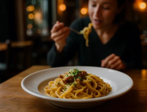 Solo dining growth shown by one diner enjoying a plated restaurant meal