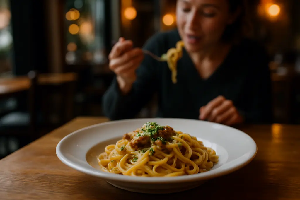 Solo dining growth shown by one diner enjoying a plated restaurant meal